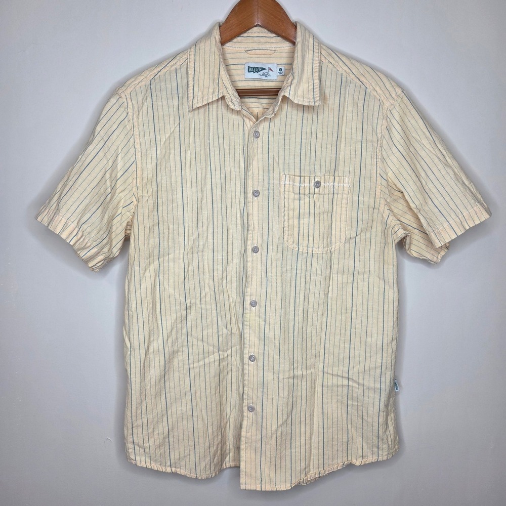 Wellen Mens Short Sleeve‎ Button Down Shirt Yellow Blue Striped Cotton Hemp L